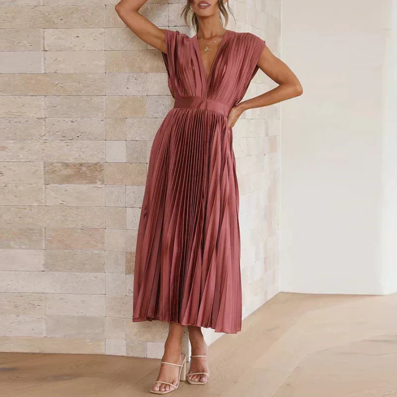 Deep V-Neck Cap Sleeve Pleated Flared Midi Dress 8