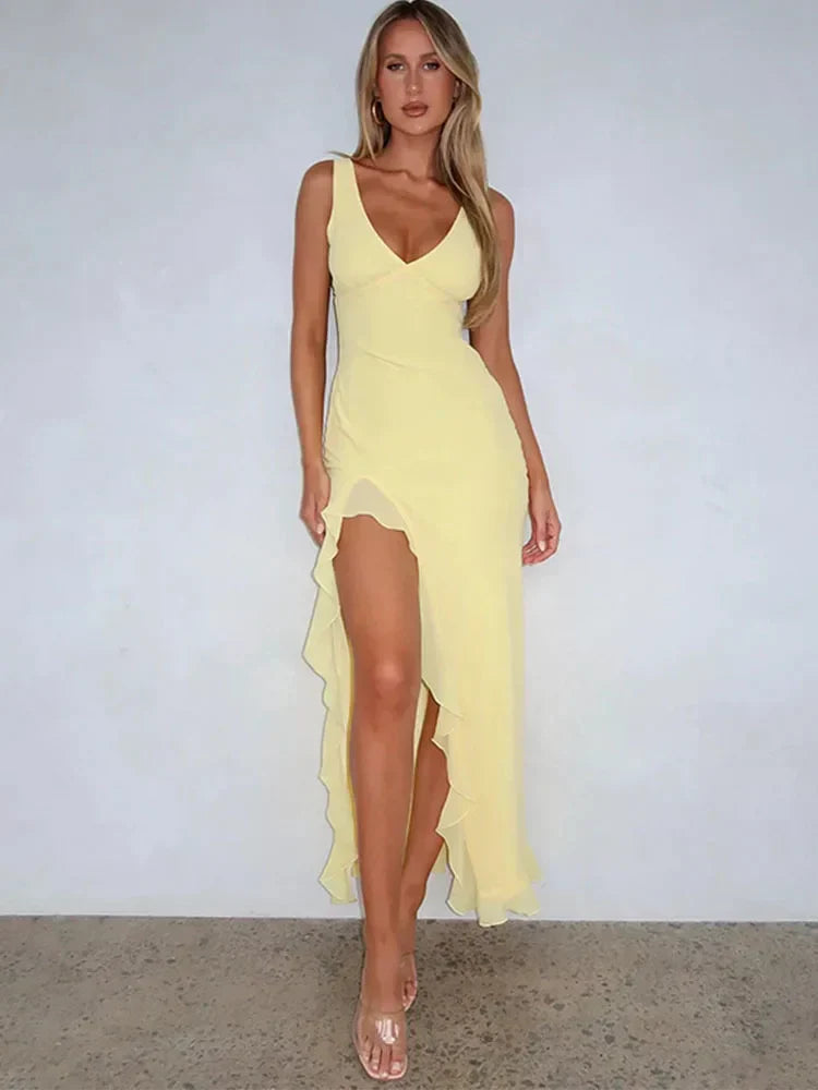 V-Neck Sleeveless Ruffle High Slit Maxi Dress - View 5