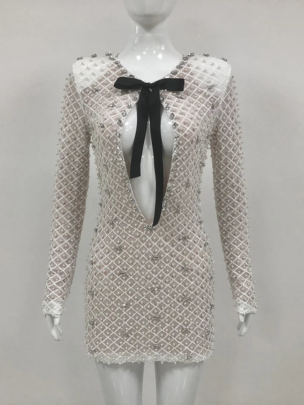 Pearl Beaded Long Sleeve Keyhole Bow Bodycon Mini Dress - View 2