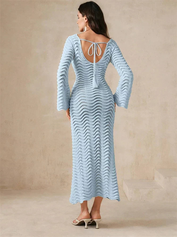 Open Knit Bell Sleeve Keyhole Metal Bar Back Tie Maxi Dress - View 5
