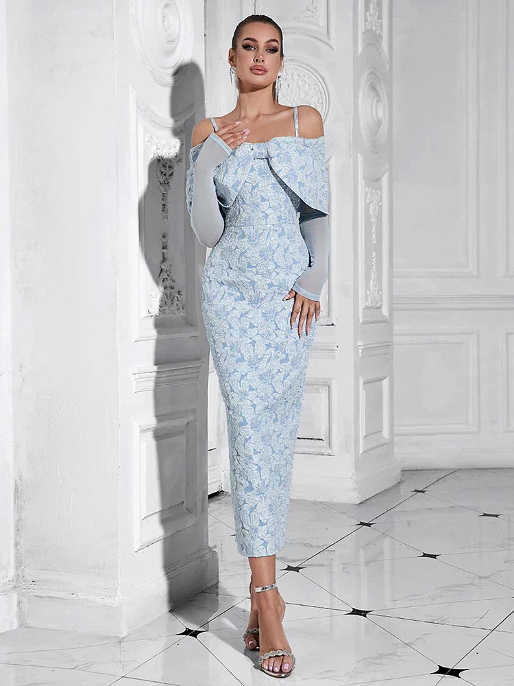Off Shoulder Long Sleeve Jacquard High Split Midi Dress - View 3