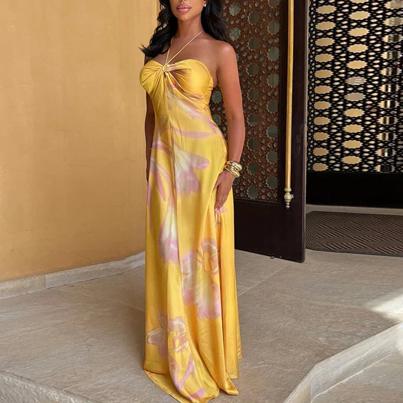 Satin Halter Neck Twist Front Slim Maxi Dress - View 2
