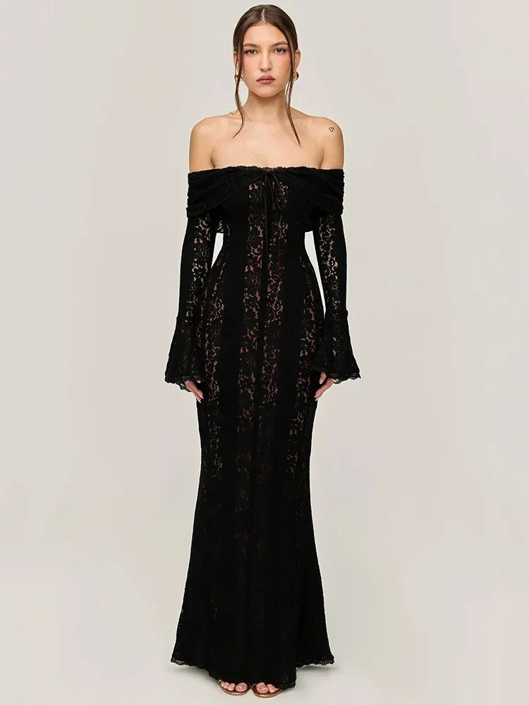 Lace Off Shoulder Long Sleeve Mermaid Maxi Gown