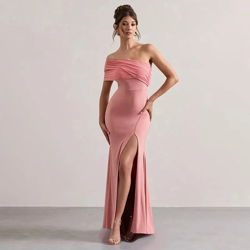Solid One Shoulder Mesh Slit Long Dress