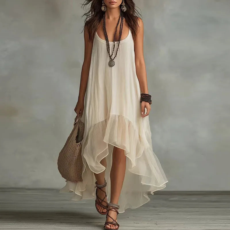 Chiffon Spaghetti Strap Ruffle High Low Maxi Dress Summer 2