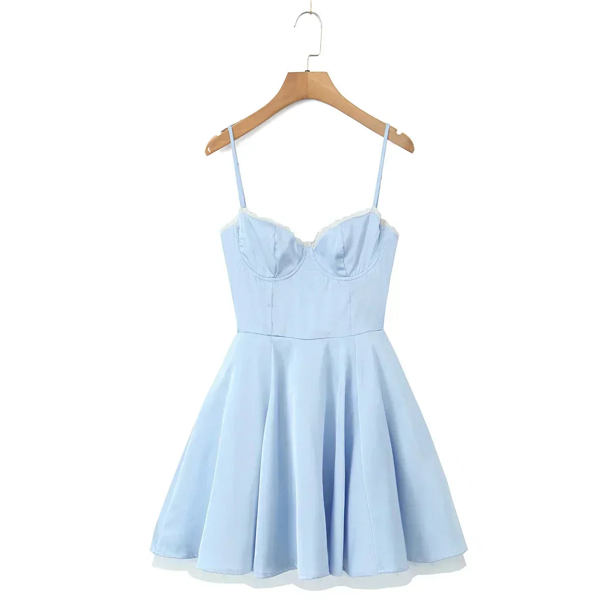 Satin Sweetheart Spaghetti Strap Corset Lace Trim A-Line Midi Dress - View 7