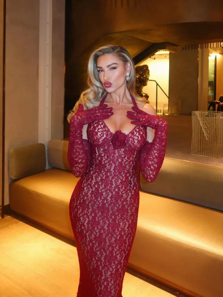 Flower Mermaid Burgundy Maxi Lace Dress - View 4