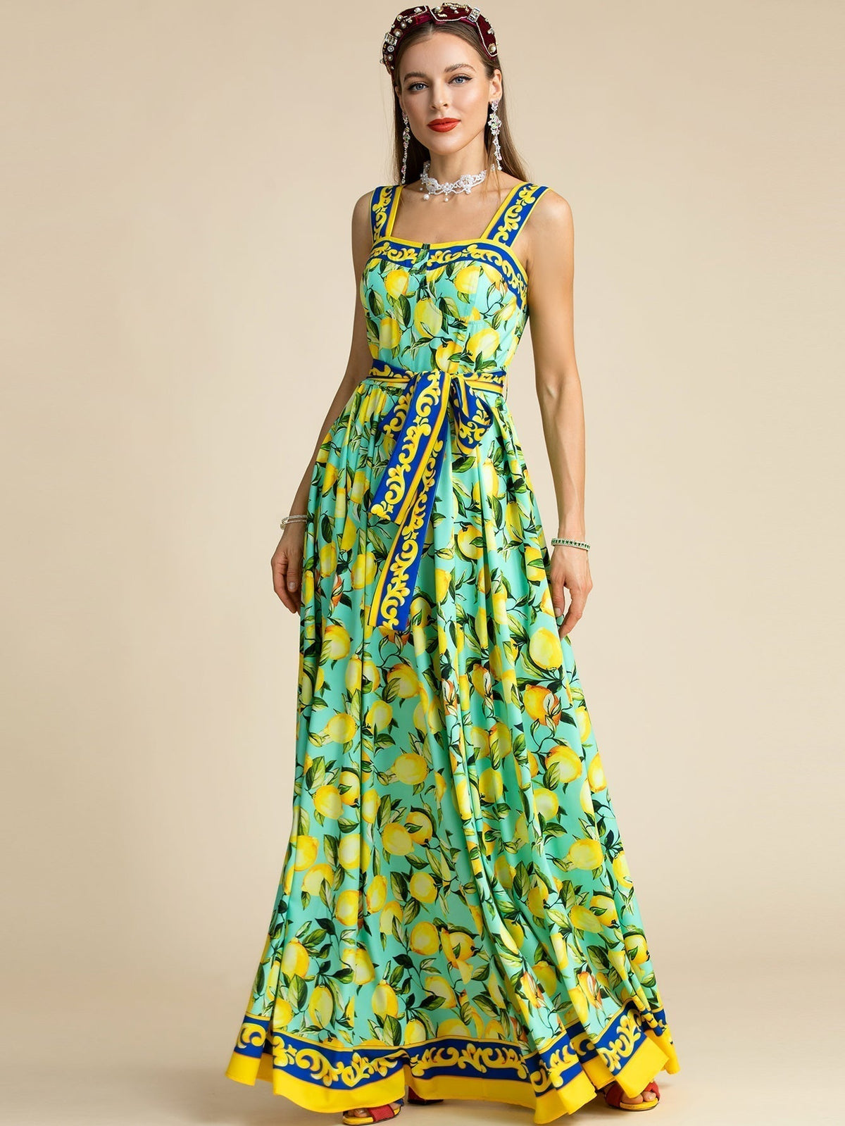 Lemon Print Square Neck Belted A-Line Maxi Dress