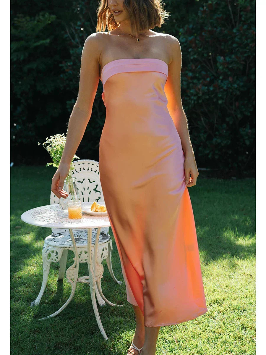 Satin Strapless Fold Over Bust Column Slip Maxi Dress - View 2