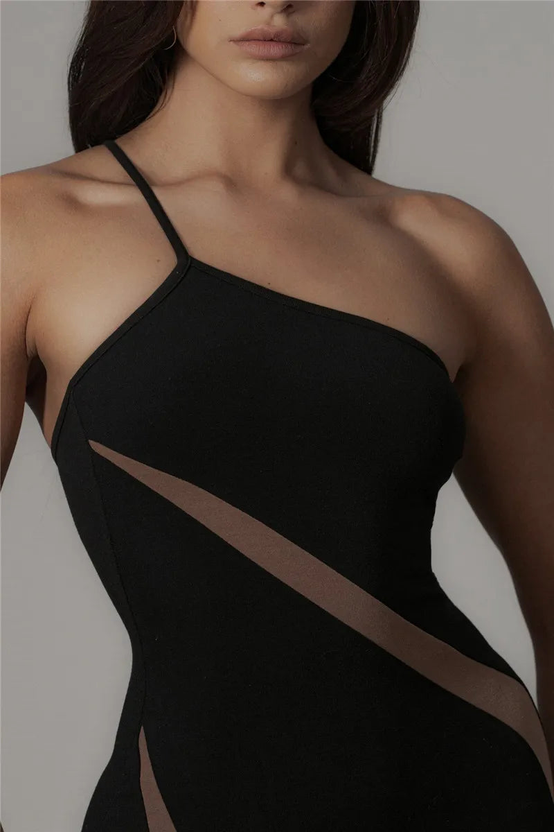 Black Mesh Patchwork One Shoulder Maxi Dress - View 9