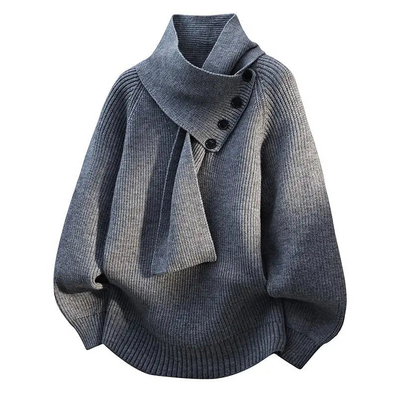 Scarf Neck Button Detail Ribbed Knit Sweater 2