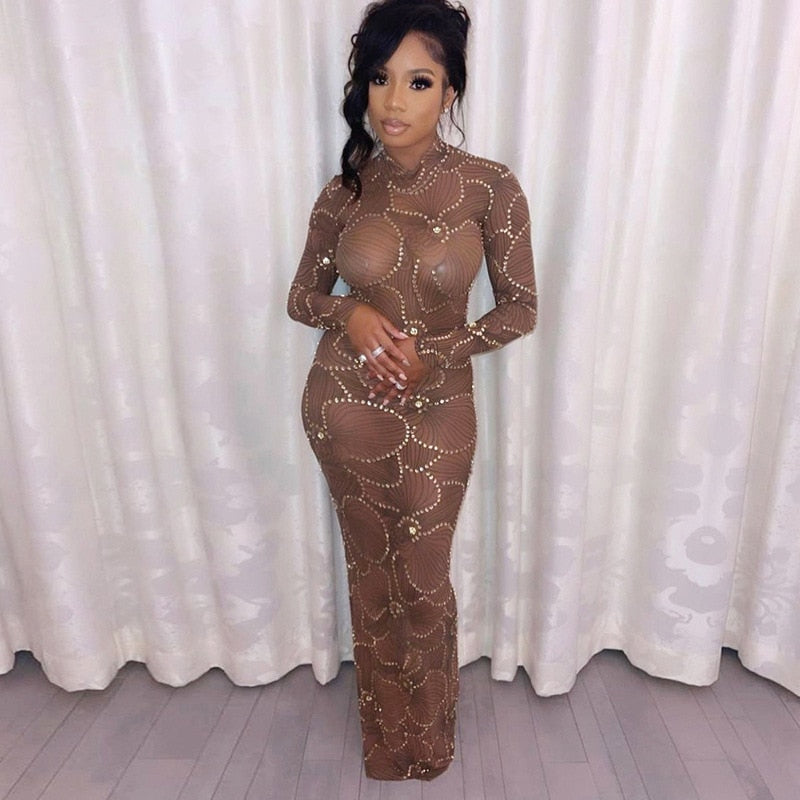 Crew Neck Long Sleeve Rhinestone Mesh Bodycon Maxi Dress 8