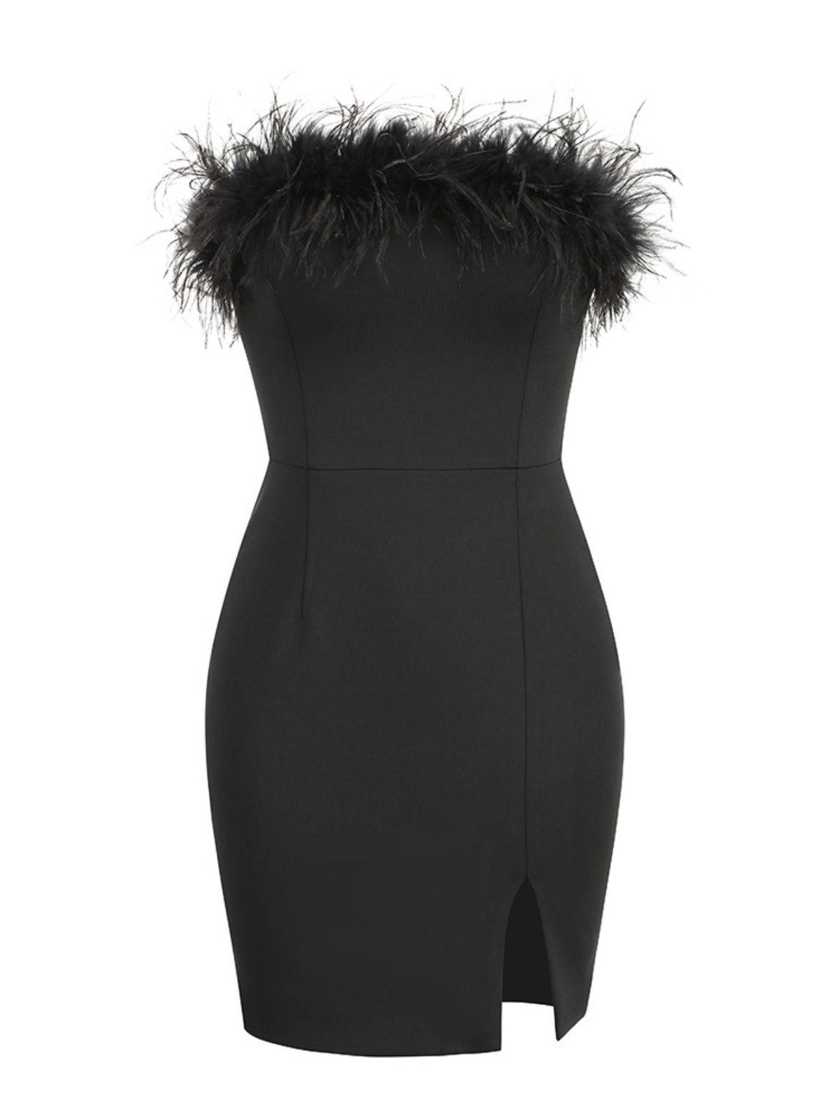 Saga Strapless Feather Trimmed Mini Dress In Black - View 6