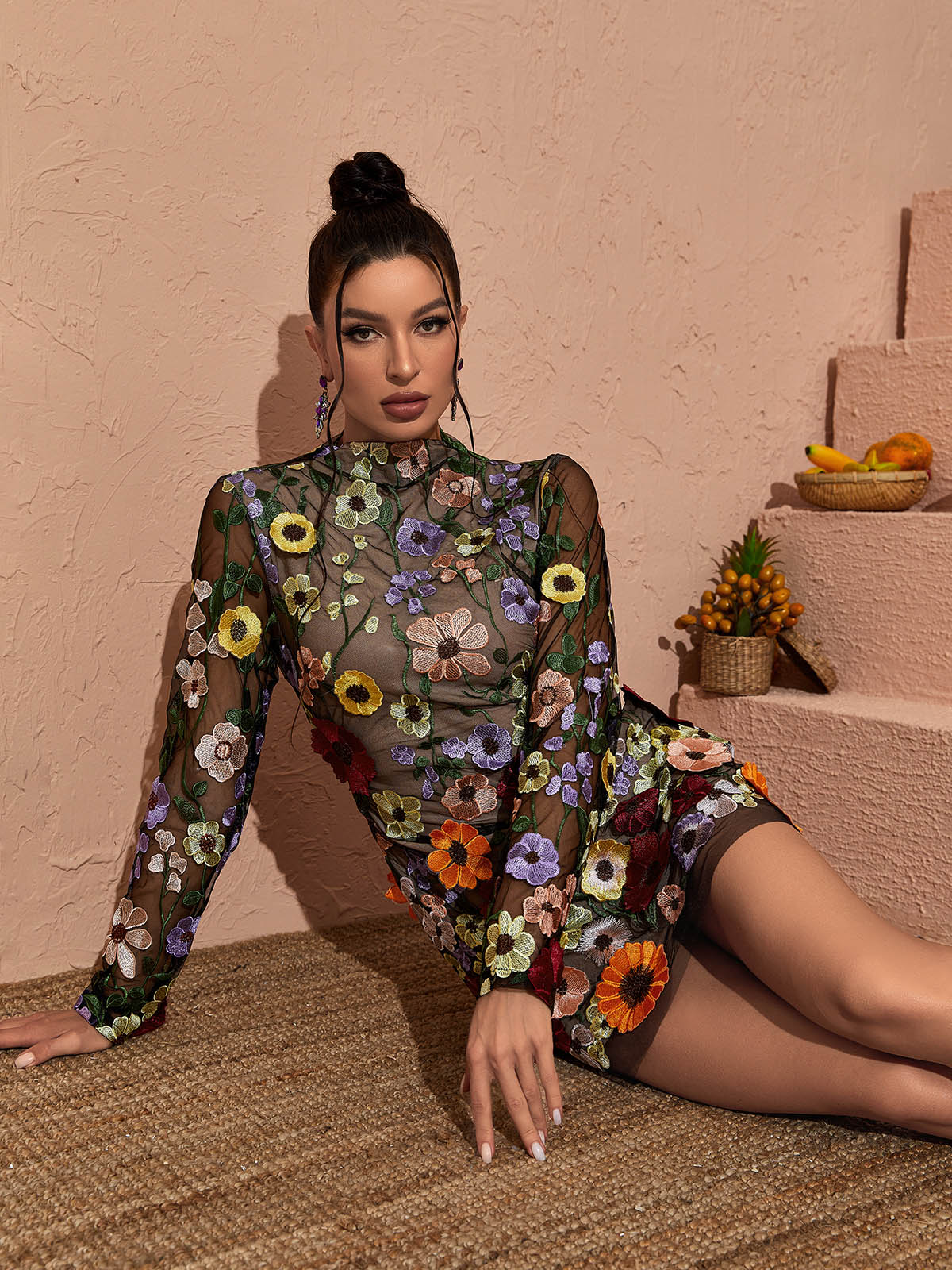 Floral Applique Mesh High Neck Long Sleeve Mini Dress - View 5
