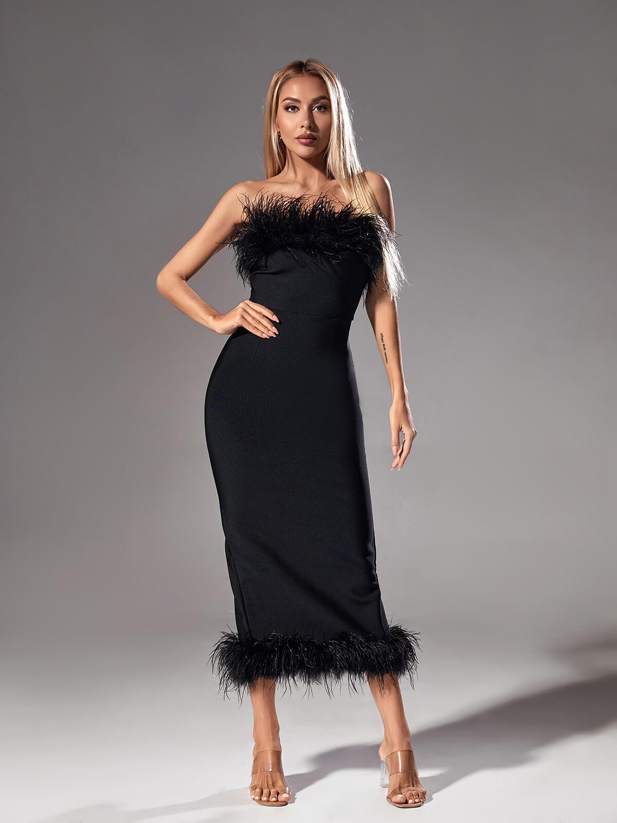 Feather Trim Strapless Bandage Maxi Dress - View 4