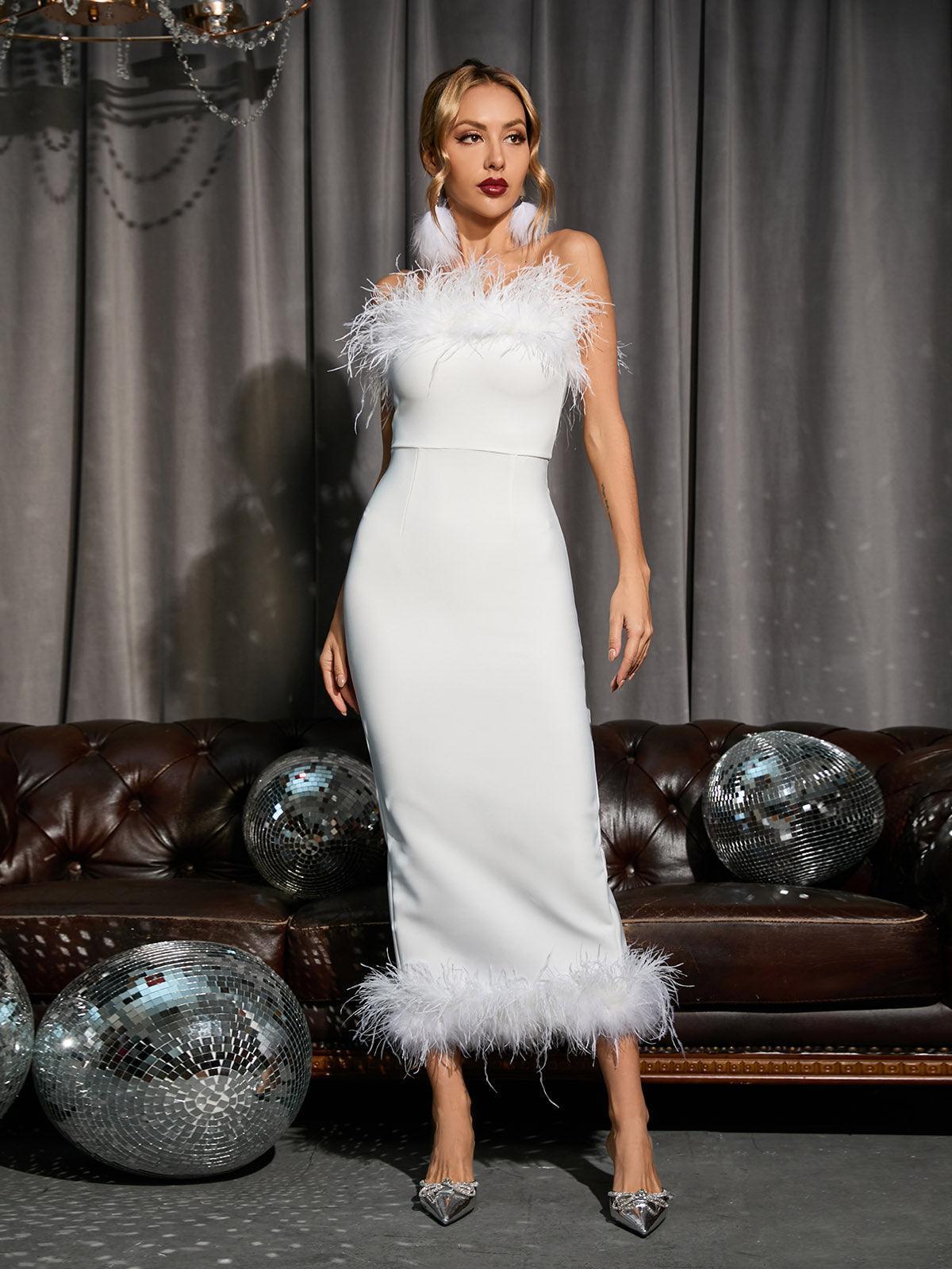 Salome Strapless Feather Trimmed Bandage Dress In White - View 3