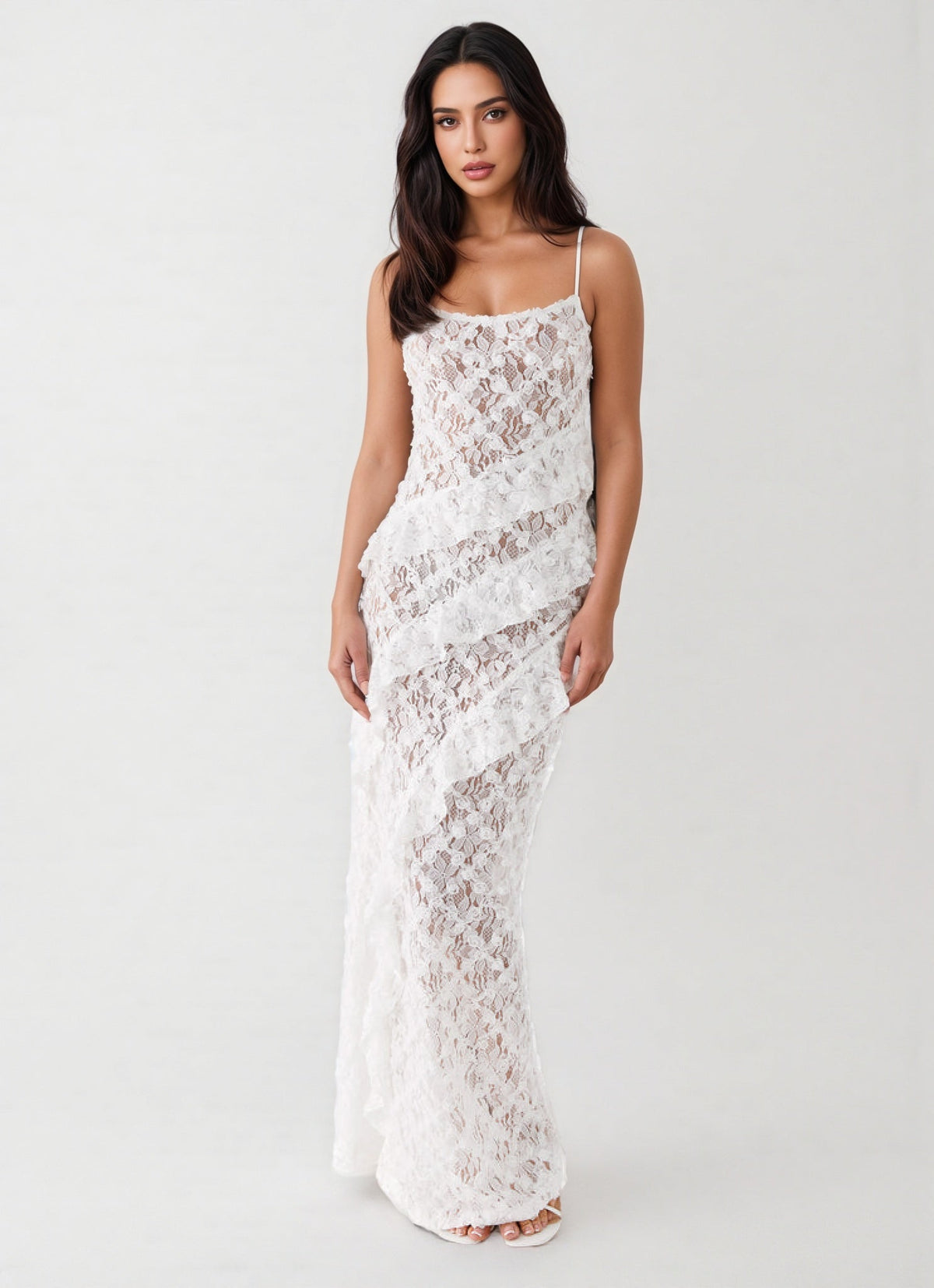 Nevah White Lace Frill Maxi Dress - View 4