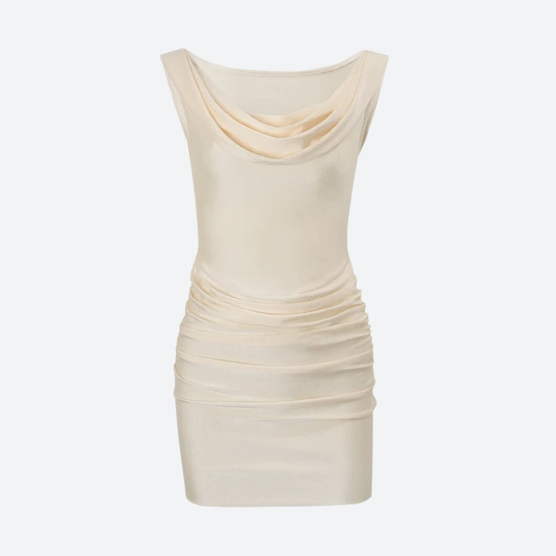 Satin Cowl Neck Cap Sleeve Ruched Bodycon Mini Dress - View 4