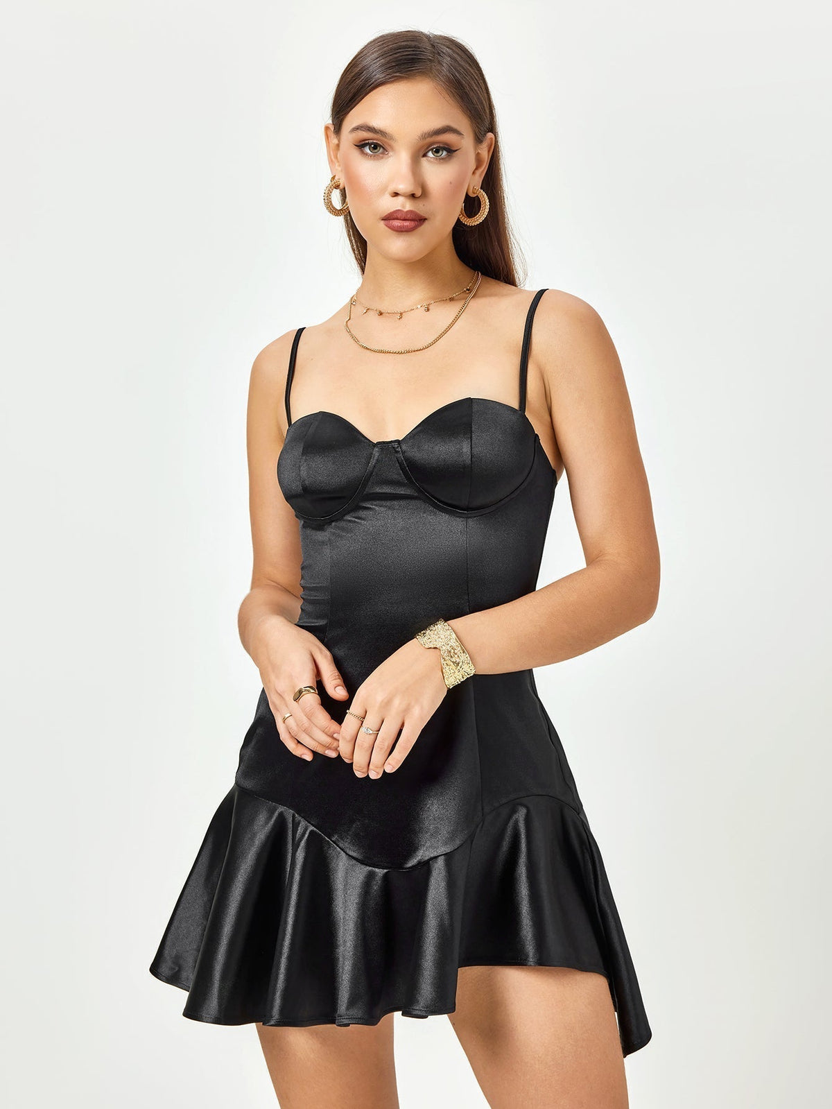 Satin Sweetheart Spaghetti Strap Corset Ruffle Mini Dress - View 6
