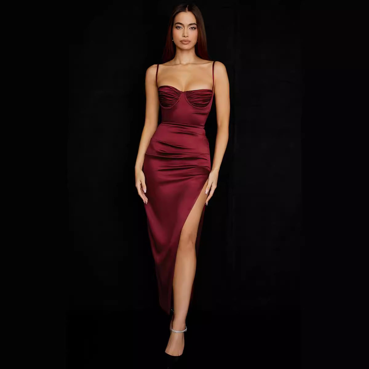 Satin Spaghetti Strap Sweetheart Corset Ruched High Split Maxi Gown - View 2