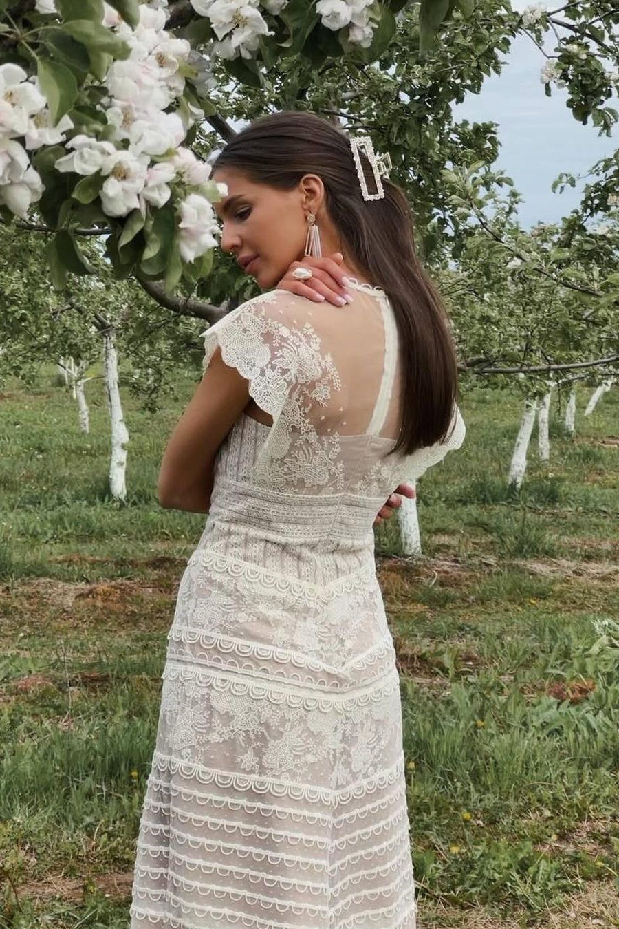 Floral Embroidered Mesh Cap Sleeve Midi Dress in Beige - View 9
