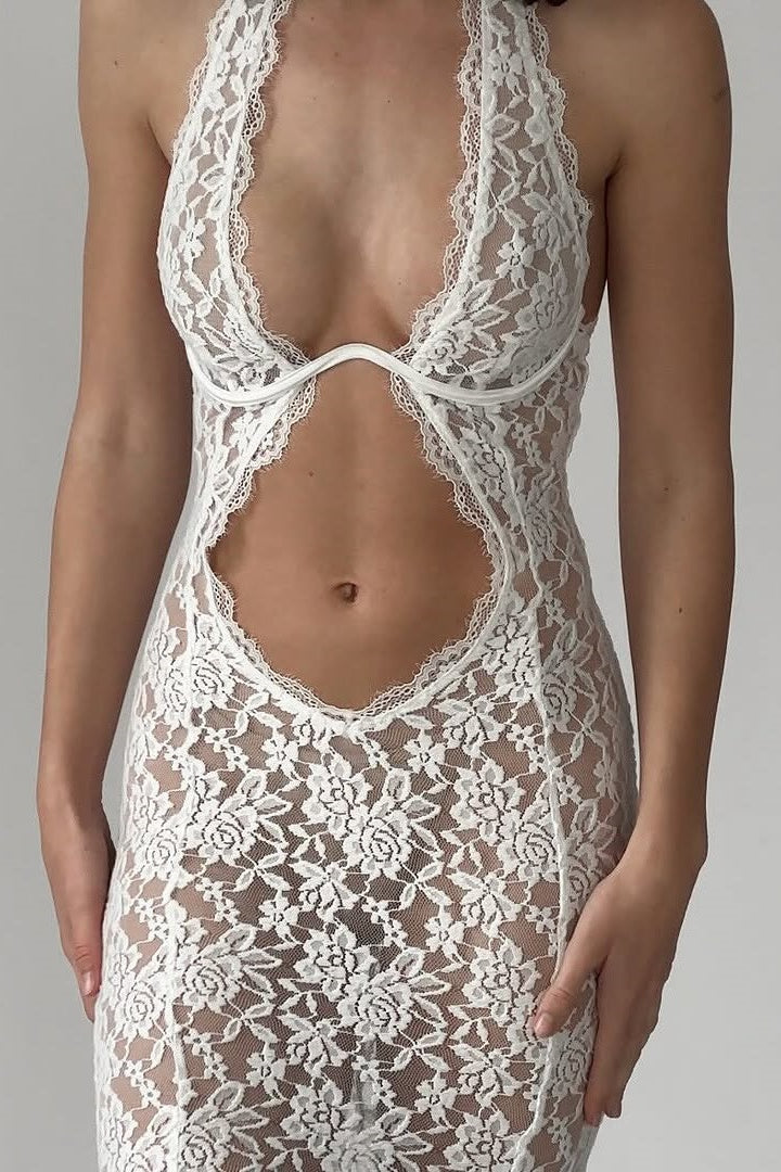 Frederica Halter Cutout Lace Maxi Dress in White - View 9