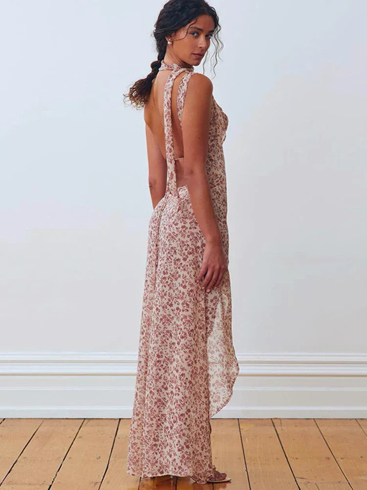 Halter Neck Tie Back Backless Floral Chiffon Maxi Dress - View 4