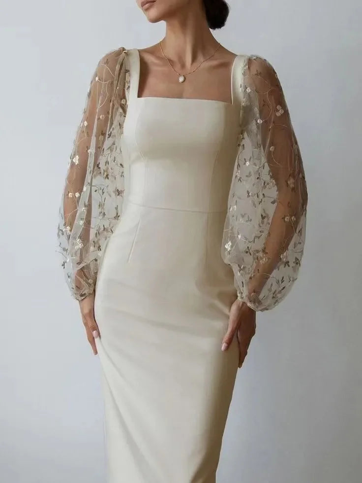 Floral Embroidered Mesh Puff Sleeve Square Neck Bodycon Maxi Dress - View 6
