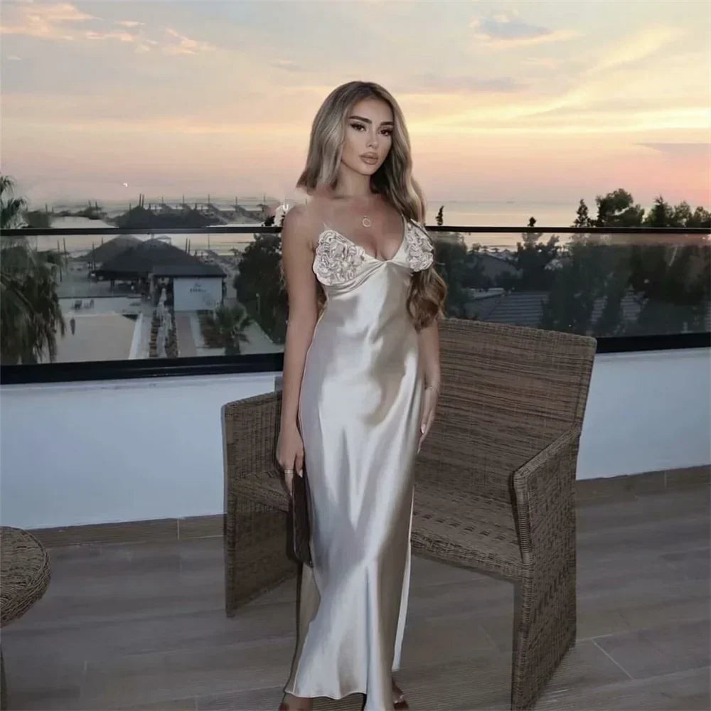 Satin Spaghetti Strap Deep V-Neck Floral Rosette Slip Maxi Dress