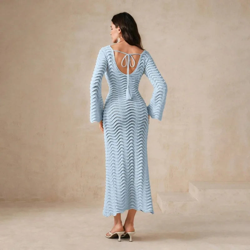 Open Knit Bell Sleeve Keyhole Metal Bar Back Tie Maxi Dress - View 8