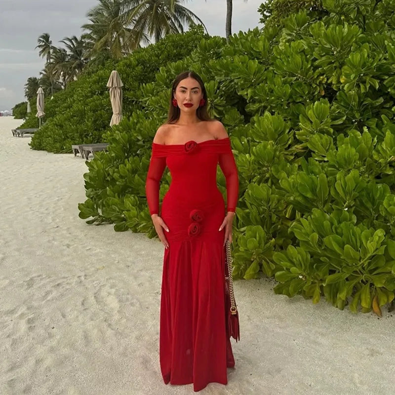 Off Shoulder Long Sleeve Rosette Mermaid Gown