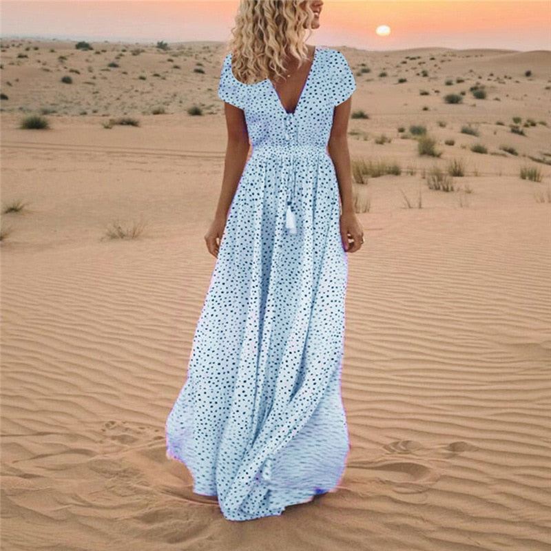 Short Sleeve Deep V-Neck Polka Dot Drawstring Waist Tassel Dress - View 11