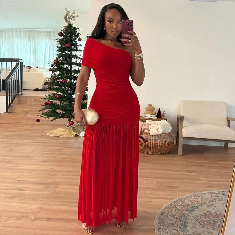 One Shoulder Mesh Solid Maxi Dress