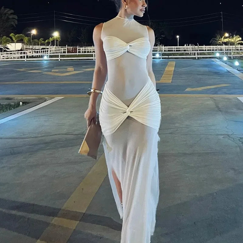 Mesh Mock Neck Sleeveless Knotted Bandeau Ruched Waist Maxi Dress - View 4