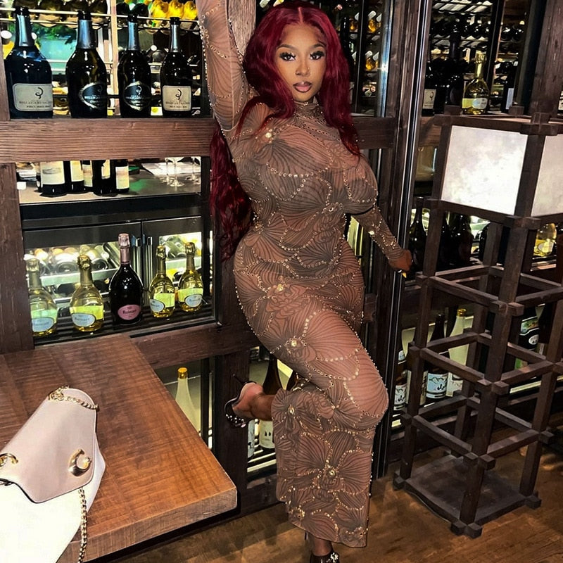 Crew Neck Long Sleeve Rhinestone Mesh Bodycon Maxi Dress 12