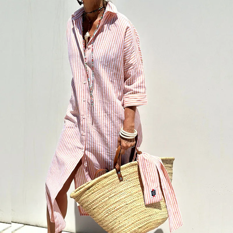 Striped Relaxed Fit Button Down Shirttail Hem Midi Shirt Dress