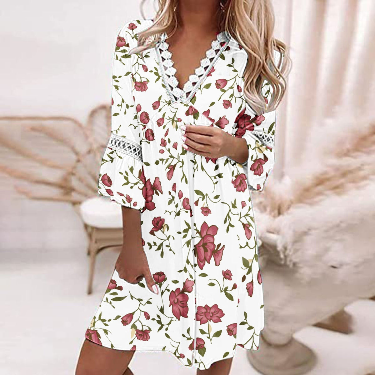 Floral Print Lace Trim V-Neck Three Quarter Sleeve Shift Mini Dress