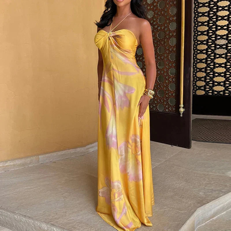Satin Halter Neck Twist Front Slim Maxi Dress - View 5