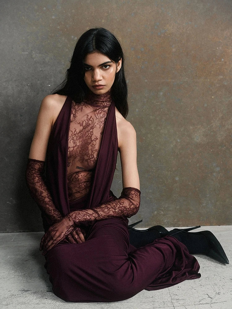 Turtleneck Pleated Gloves Backless Lace Dress - View 3