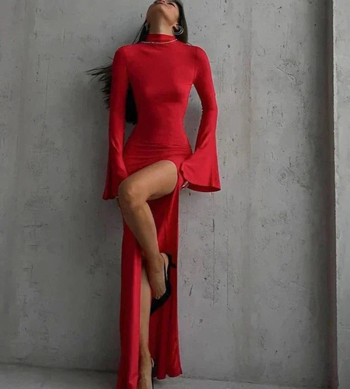 Mock Neck Bell Sleeve High Split Bodycon Maxi Dress 3