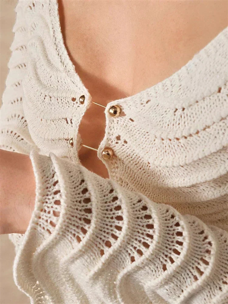 Open Knit Bell Sleeve Keyhole Metal Bar Back Tie Maxi Dress - View 3