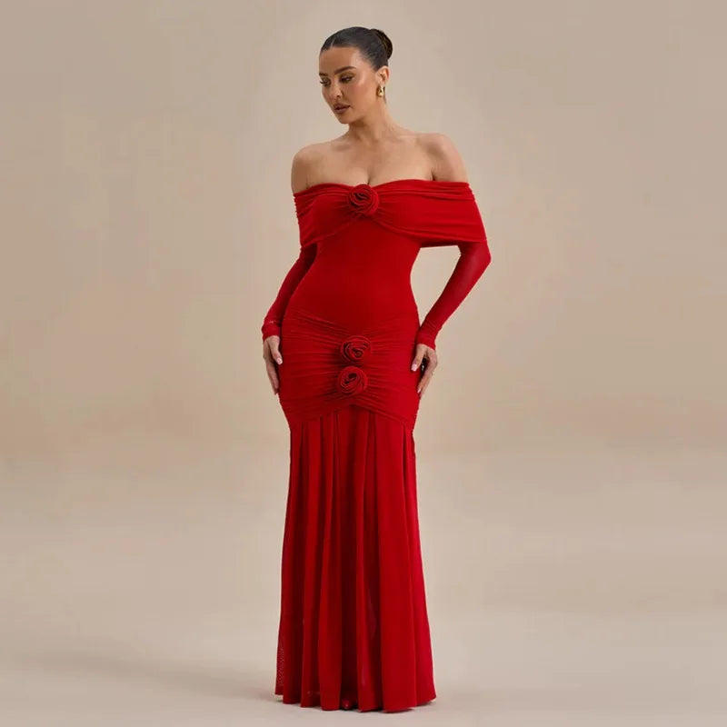 Off Shoulder Long Sleeve Rosette Mermaid Gown - View 3