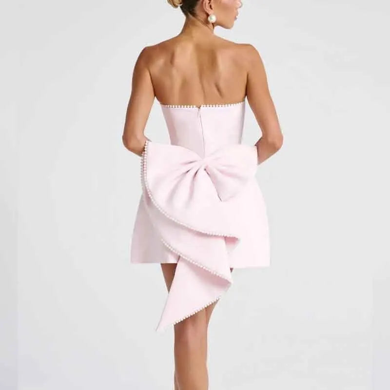 Pearl Trim Strapless Bow Back Fit and Flare Mini Dress - View 4