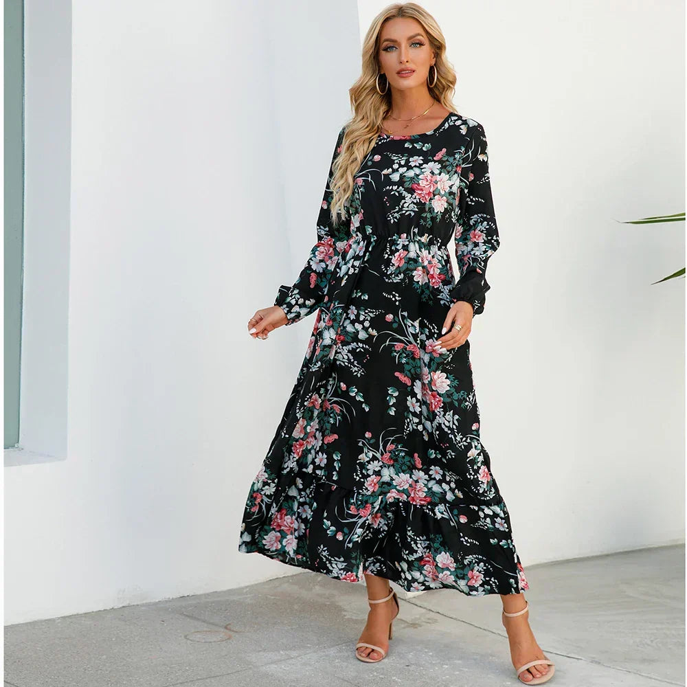 Floral Long Sleeve Tiered Ruffle Boho Maxi Dress - View 12