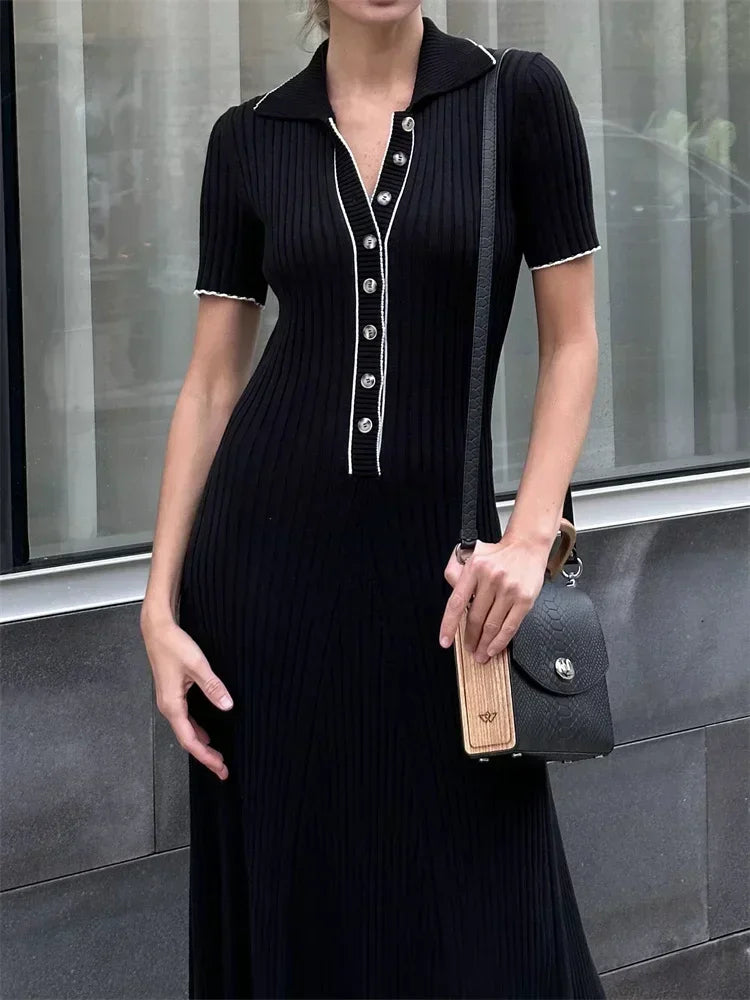 Ribbed Knit Polo Collar Contrast Piped Trim Bodycon Midi Dress - View 3