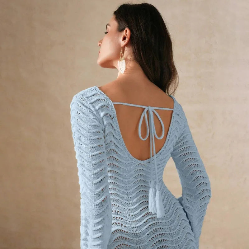 Open Knit Bell Sleeve Keyhole Metal Bar Back Tie Maxi Dress - View 10