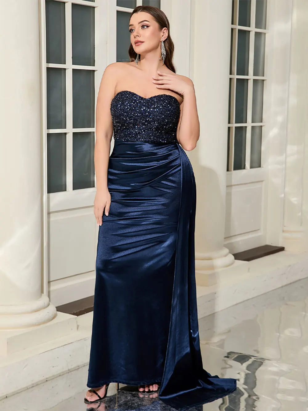 Sequin Strapless Sweetheart Ruched Draped Side Panel Satin Maxi Gown