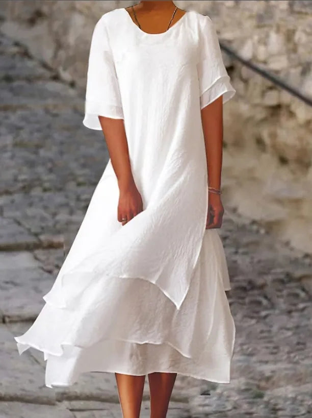 Short Sleeve Round Neck Asymmetrical Tiered Layered Midi Dress - View 5