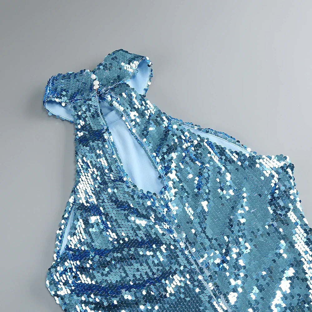 Sequin Halter Neck Bodycon High Split Maxi Dress - View 6