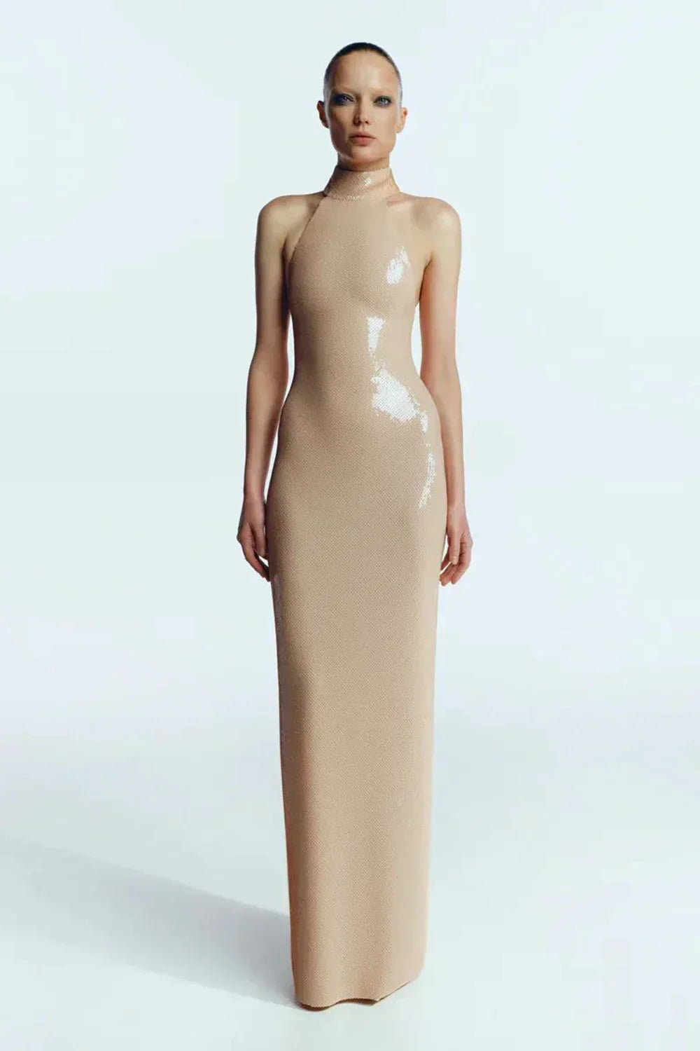 Sequin Halter Neck Bodycon High Split Maxi Dress - View 11